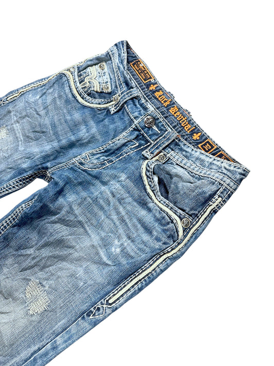 Vintage Rock Revival Y2K Flared Jeans Bund und Vordertasche Detail