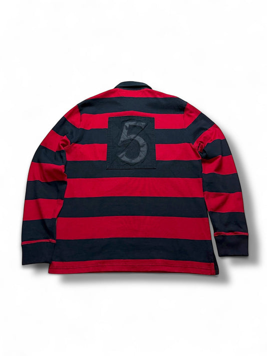 XTENDED Vintage Ralph Lauren long sleeve polo shirt with red and black stripes and a black '5' applique on the back.
