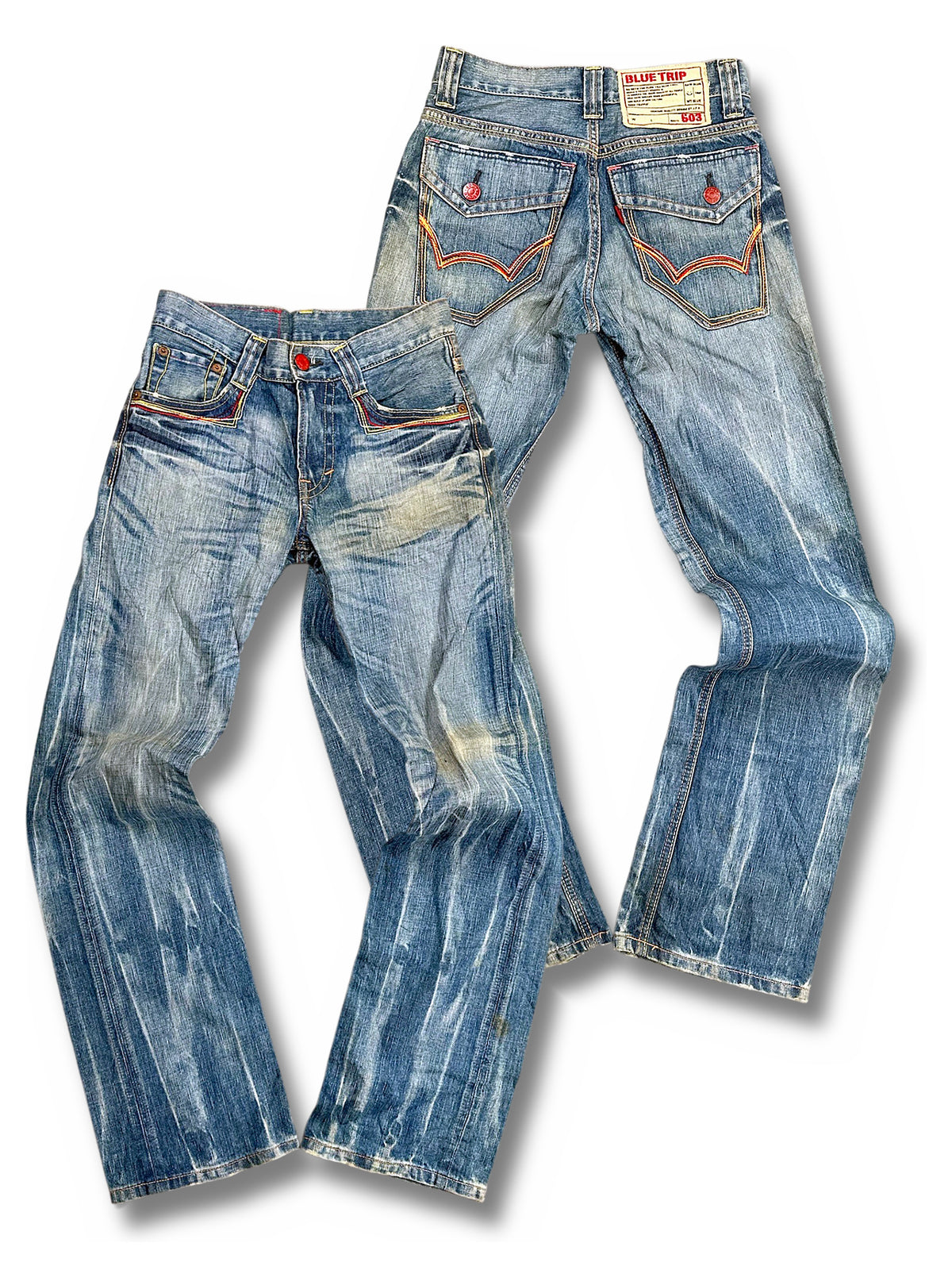 Vintage Edwin Japan Style Y2K Bootcut / Flared Damenjeans „Blue Trip 503“ (L) – Vorder- und Rückansicht