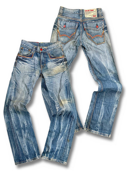 Vintage Edwin Japan Style Y2K Bootcut / Flared Damenjeans „Blue Trip 503“ (L) – Vorder- und Rückansicht
