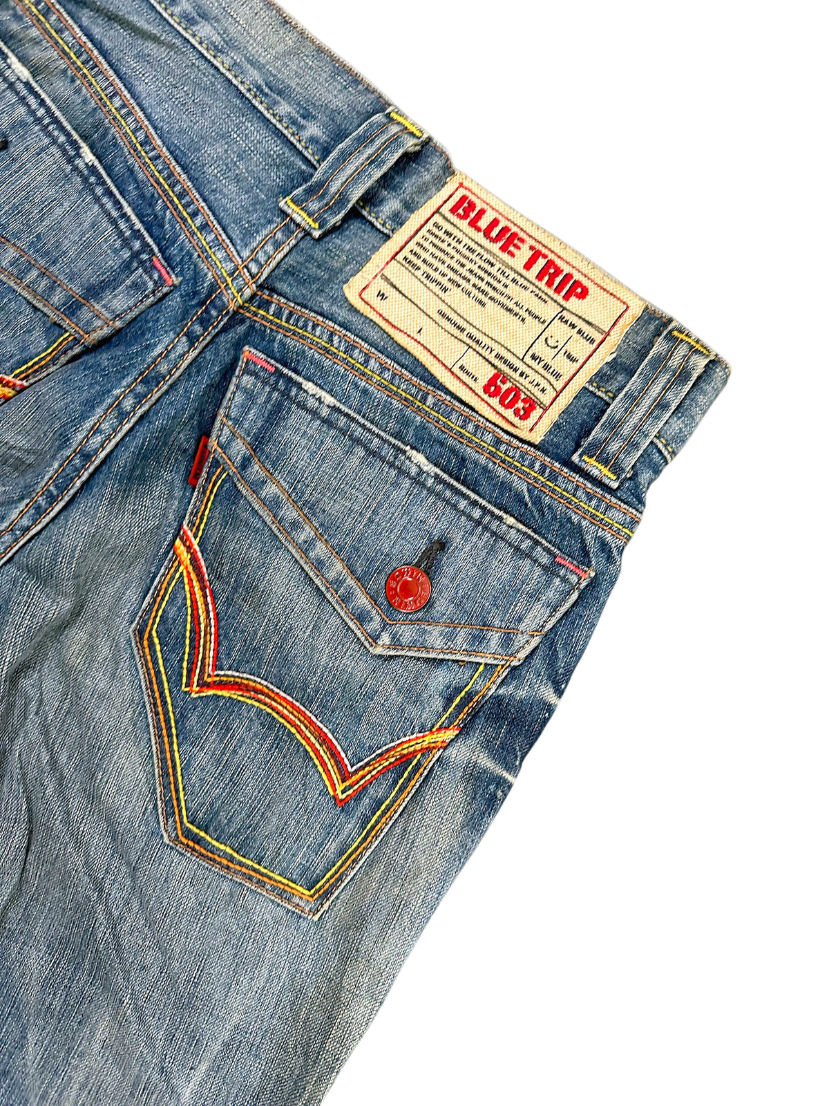 Vintage Edwin Japan Style Y2K Bootcut / Flared Damenjeans „Blue Trip 503“ (L) – Detailaufnahme 4