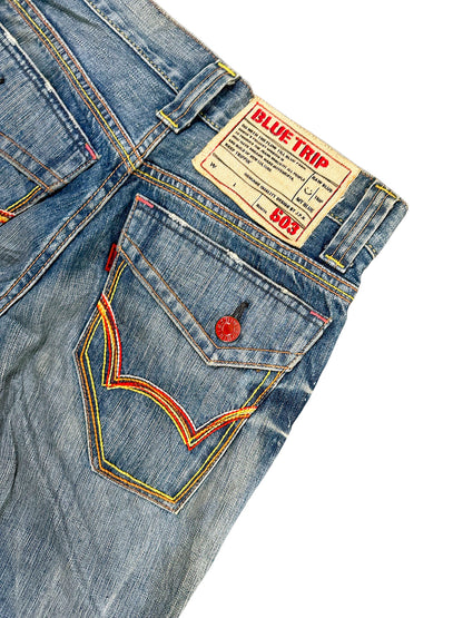 Vintage Edwin Japan Style Y2K Bootcut / Flared Damenjeans „Blue Trip 503“ (L) – Detailaufnahme 4