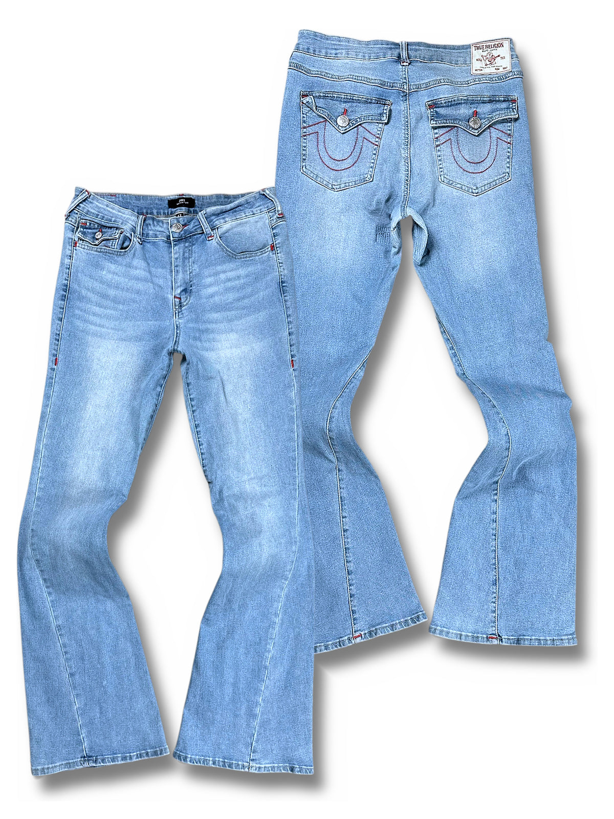 Vintage True Religion Flared Damenjeans „Joey“ (L) – Vorder- und Rückansicht