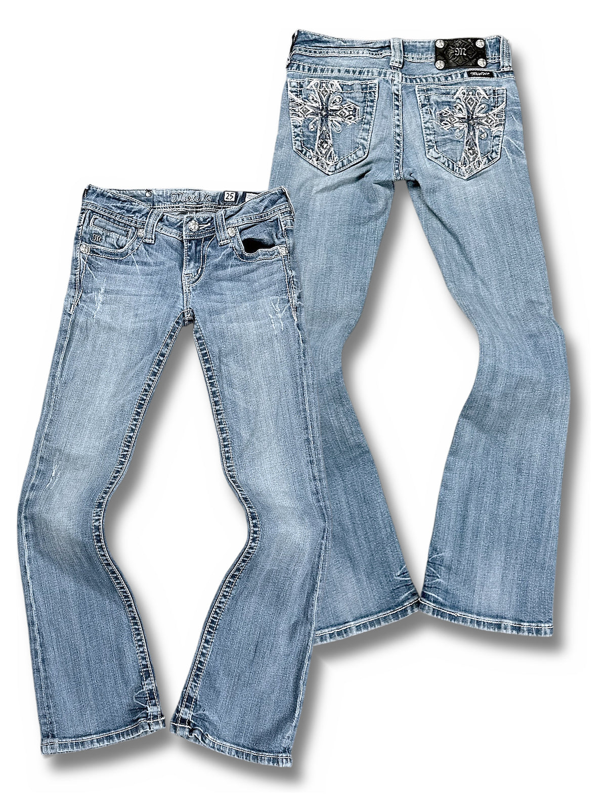 Vintage Miss Me Y2K Low Waist Bootcut Damenjeans (XS) – Vorder- und Rückansicht