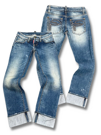 Vintage Japan Style Y2K Low Waist Straight Leg Damenjeans (S) – Vorder- und Rückansicht