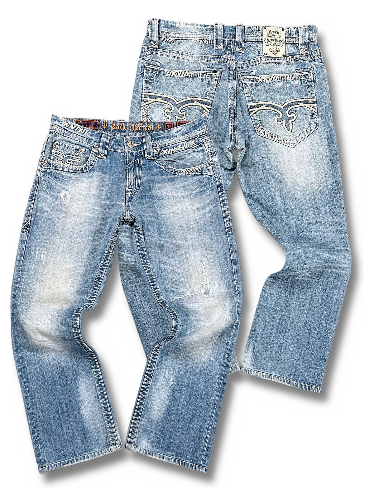 Vintage Rock Revival Y2K Baggy Jeans (M) – Vorder- und Rückansicht