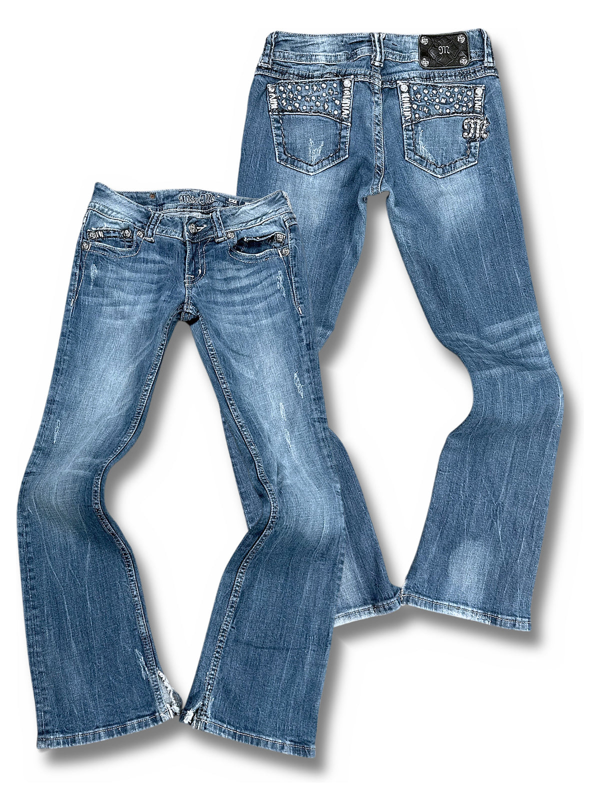 Vintage Miss Me Y2K Low Waist Bootcut Damenjeans (S) – Vorder- und Rückansicht