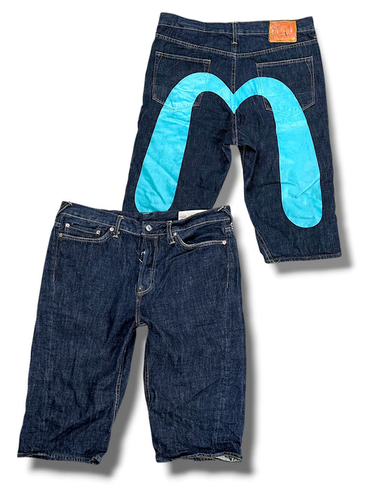 Vintage Evisu Y2K Jeans Shorts (M) – Vorder- und Rückansicht