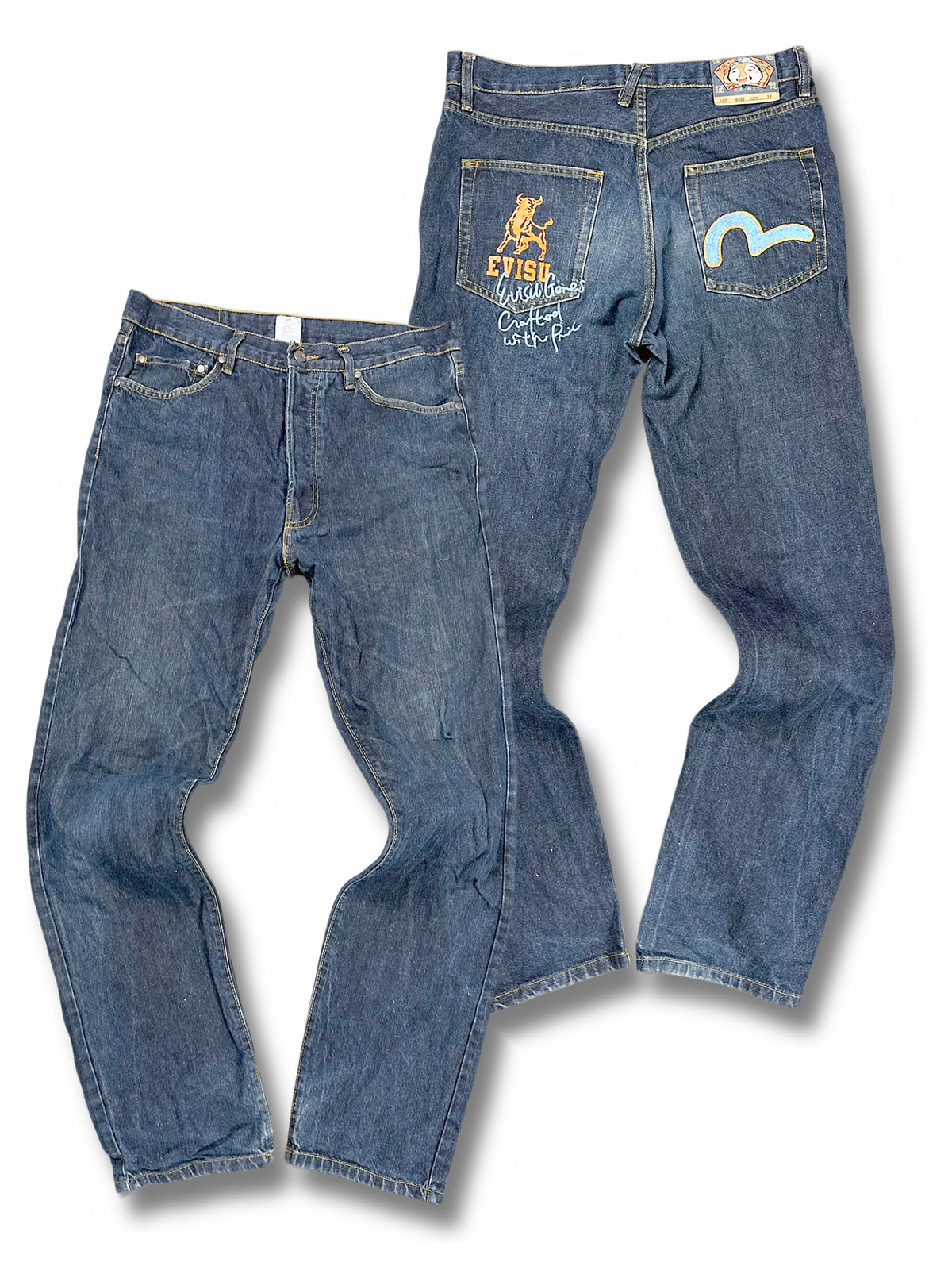 Vintage Evisu Japan Style Y2K Straight Leg Jeans (L) – Vorder- und Rückansicht