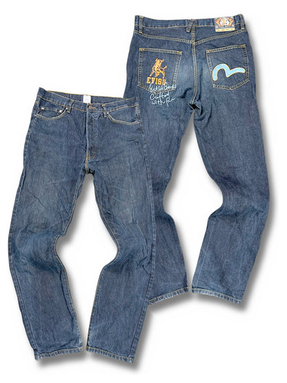 Vintage Evisu Japan Style Y2K Straight Leg Jeans (L) – Vorder- und Rückansicht