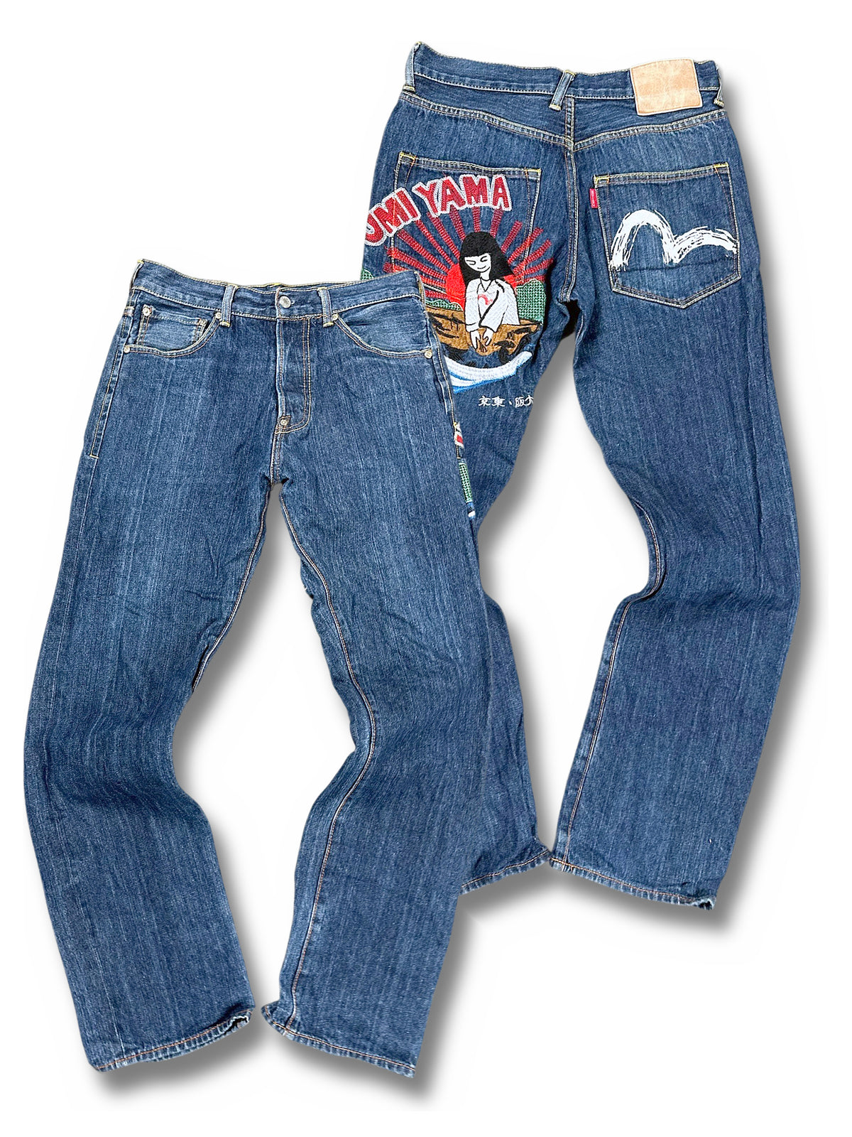 Vintage Evisu Japan Style Y2K Straight Leg Jeans (M) – Vorder- und Rückansicht