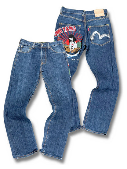 Vintage Evisu Japan Style Y2K Straight Leg Jeans (M) – Vorder- und Rückansicht