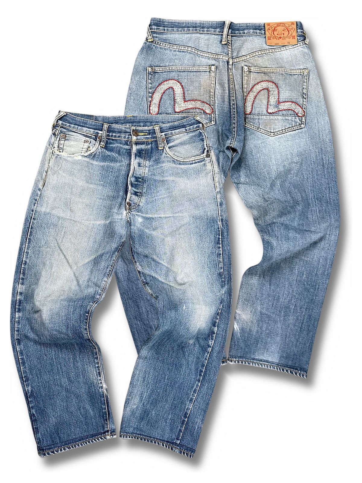 Vintage Evisu Y2K Baggy Jeans (S) – Vorder- und Rückansicht