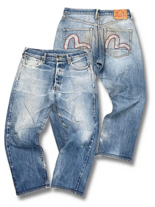 Vintage Evisu Y2K Baggy Jeans (S) – Vorder- und Rückansicht