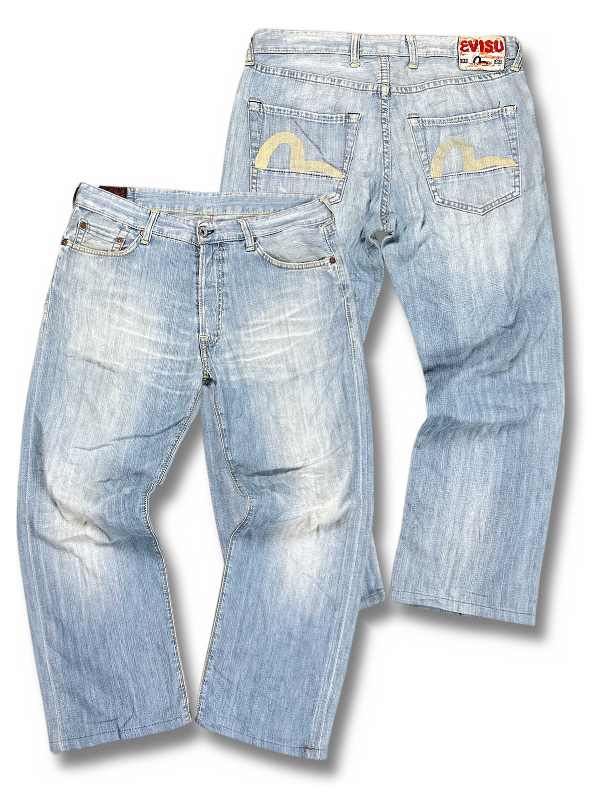 Vintage Evisu Y2K Baggy Jeans (S) – Vorder- und Rückansicht