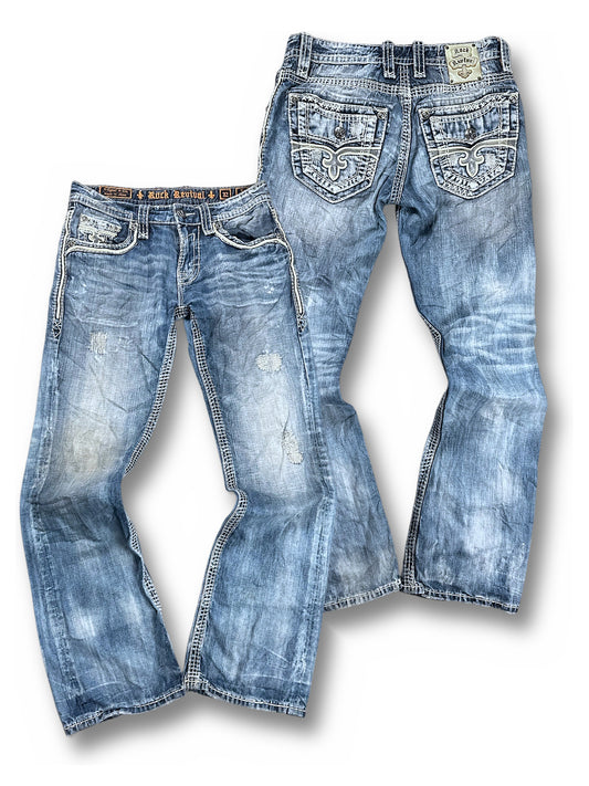 Vintage Rock Revival Y2K Flared Jeans Vorder- und Rückansicht