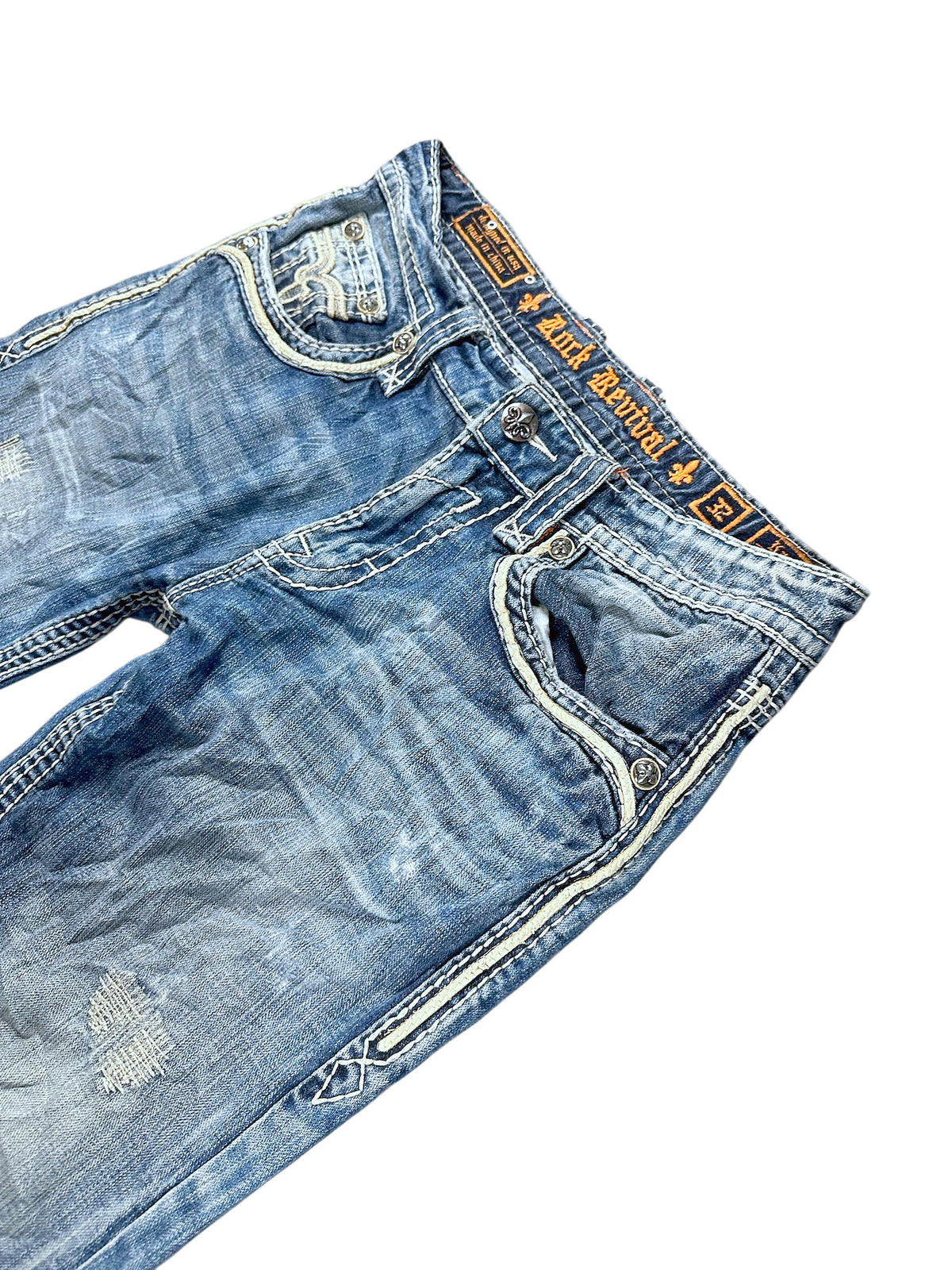 Vintage Rock Revival Y2K Flared Jeans Bund und Vordertasche Detail