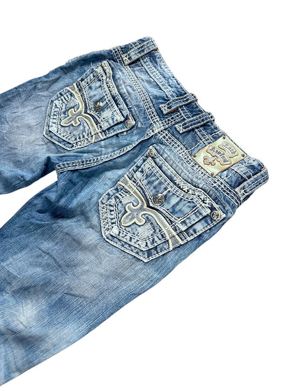 Vintage Rock Revival Y2K Flared Jeans Gesäßtaschen Rückansicht