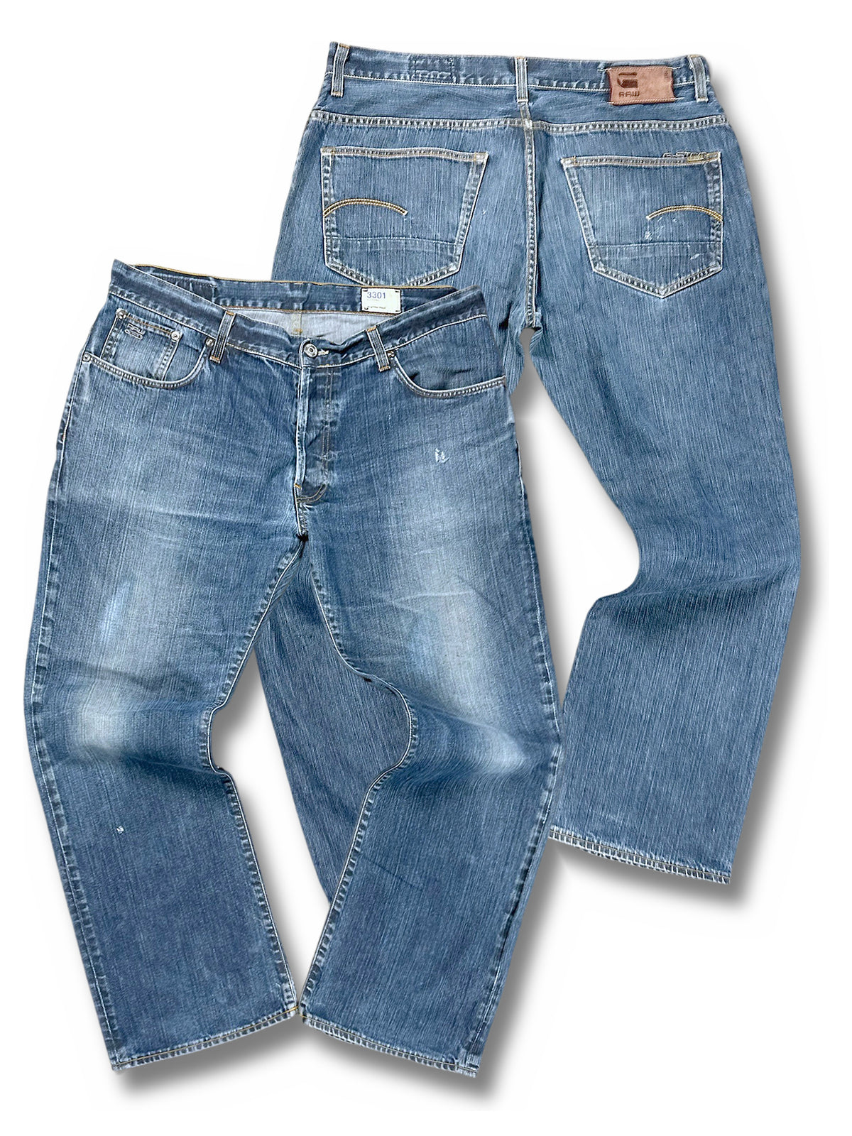 Vintage G-Star Baggy Jeans „3301“ (M) – Vorder- und Rückansicht