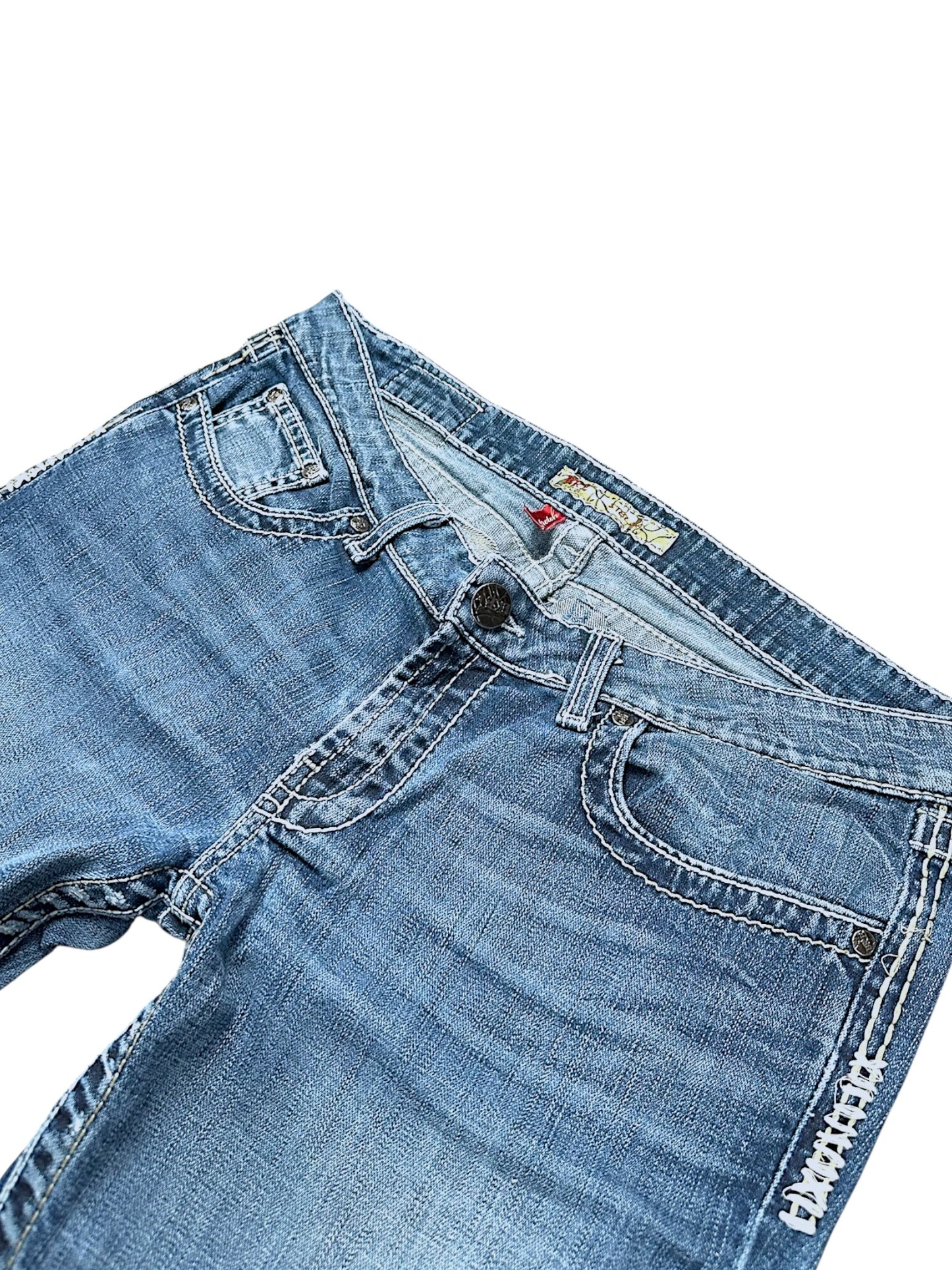 Vintage broderi Y2K lavtaljede damejeans med svaj (L)