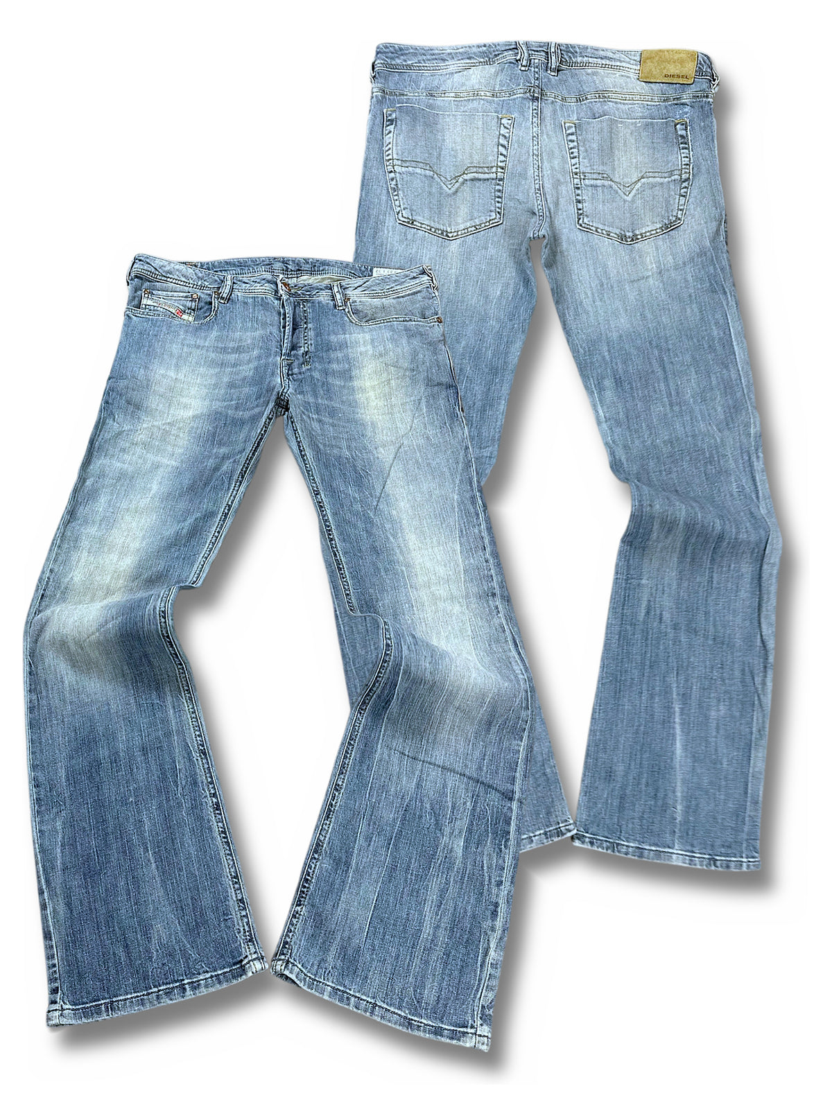 Vintage Diesel Flared Jeans „Zatiny“ (L) – Vorder- und Rückansicht