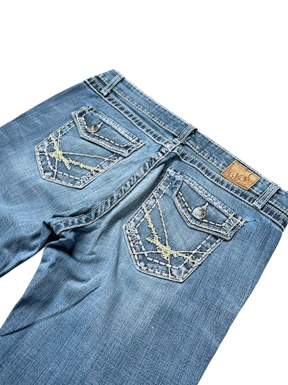 Vintage broderi Y2K lavtaljede damejeans med svaj (L)