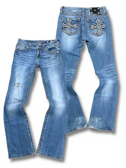 Vintage Miss Me Y2K Low Waist Bootcut/Flared Damenjeans (L) – Vorder- und Rückansicht
