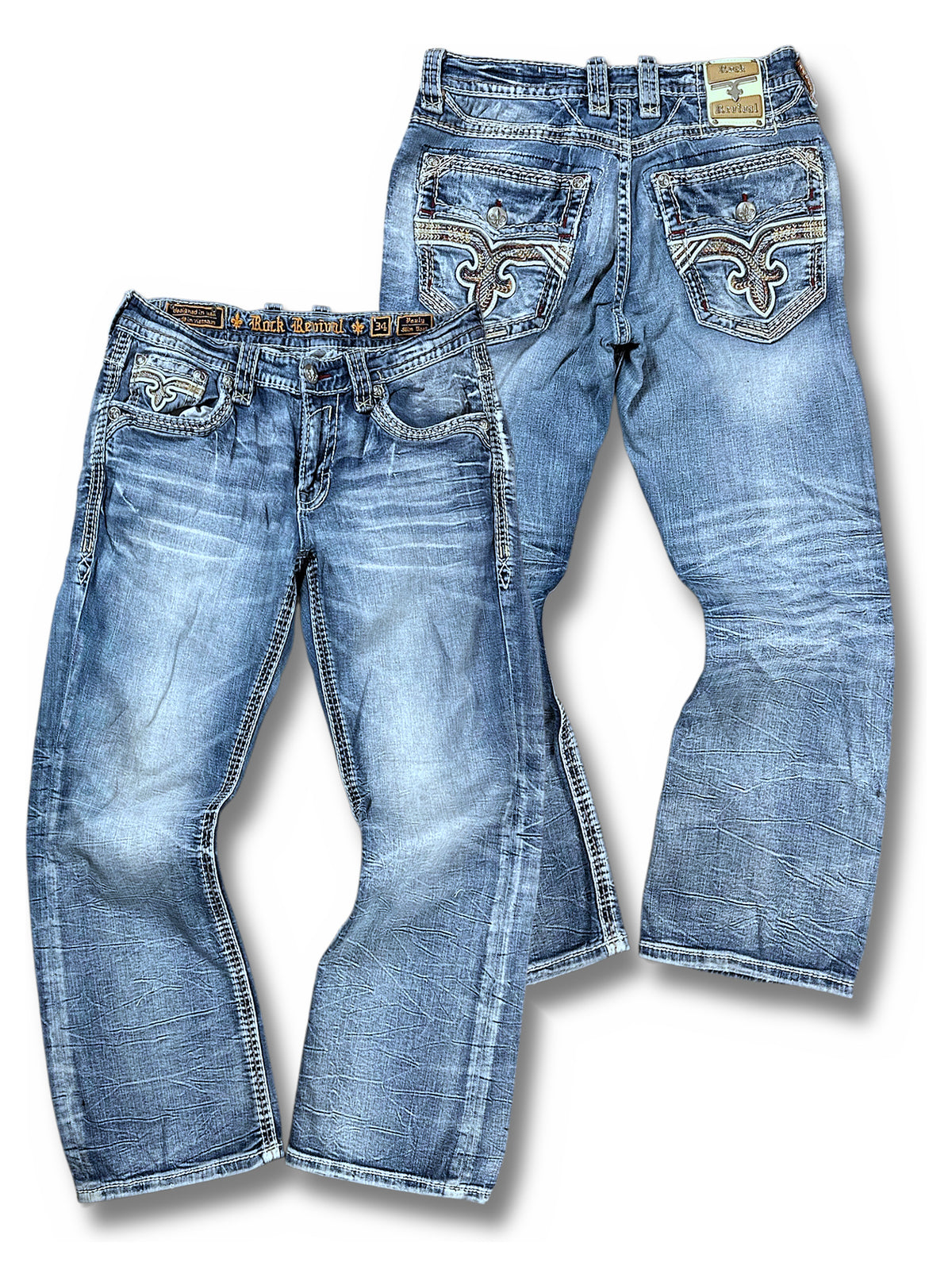 Vintage Rock Revival Y2K Flared Jeans (M) – Vorder- und Rückansicht