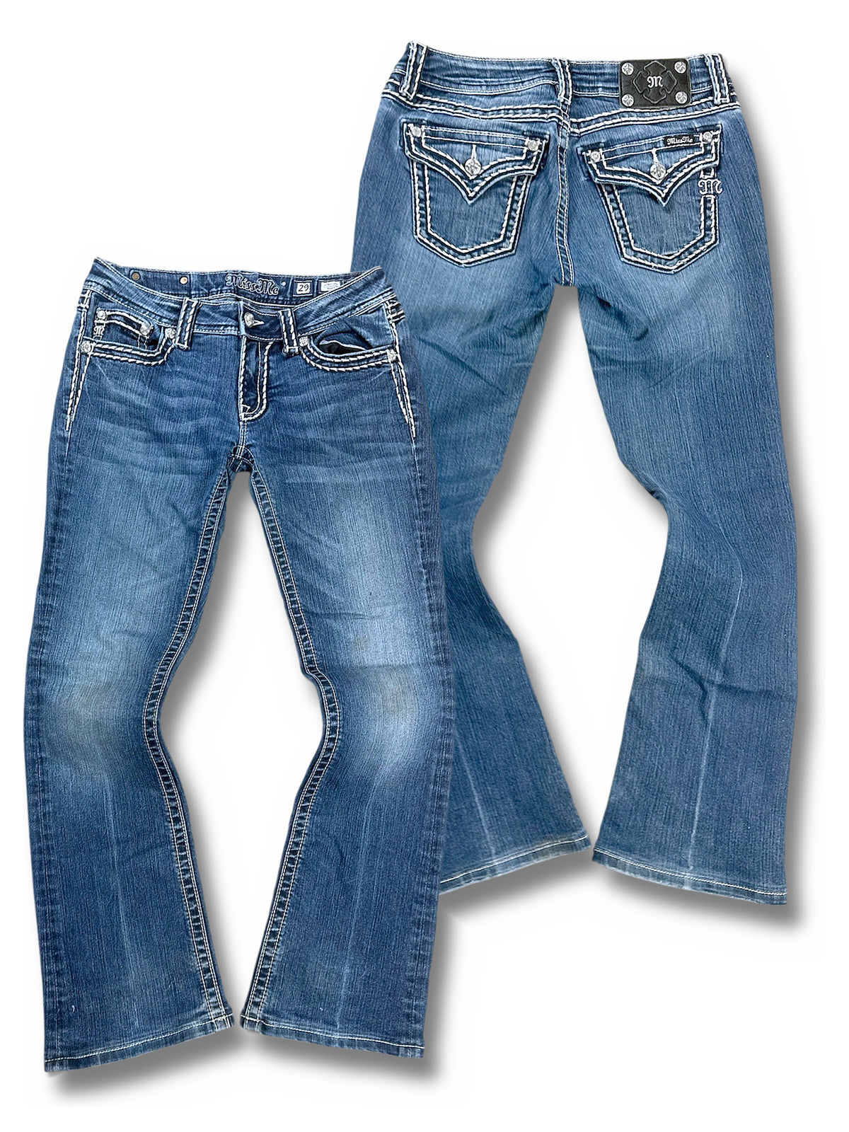 Vintage Miss Me Low Waist Bootcut Damenjeans „Signature Boot“ (M) – Vorder- und Rückansicht