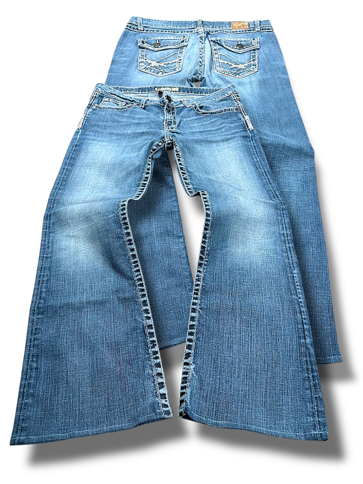 Vintage broderi Y2K lavtaljede damejeans med svaj (L)