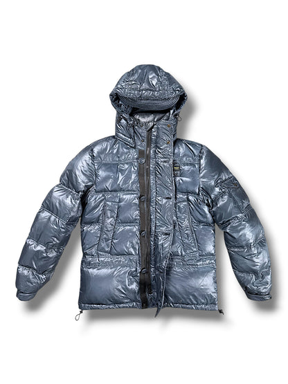 Vintage Blauer Y2K Pufferjacke (M) – Vorderansicht offen
