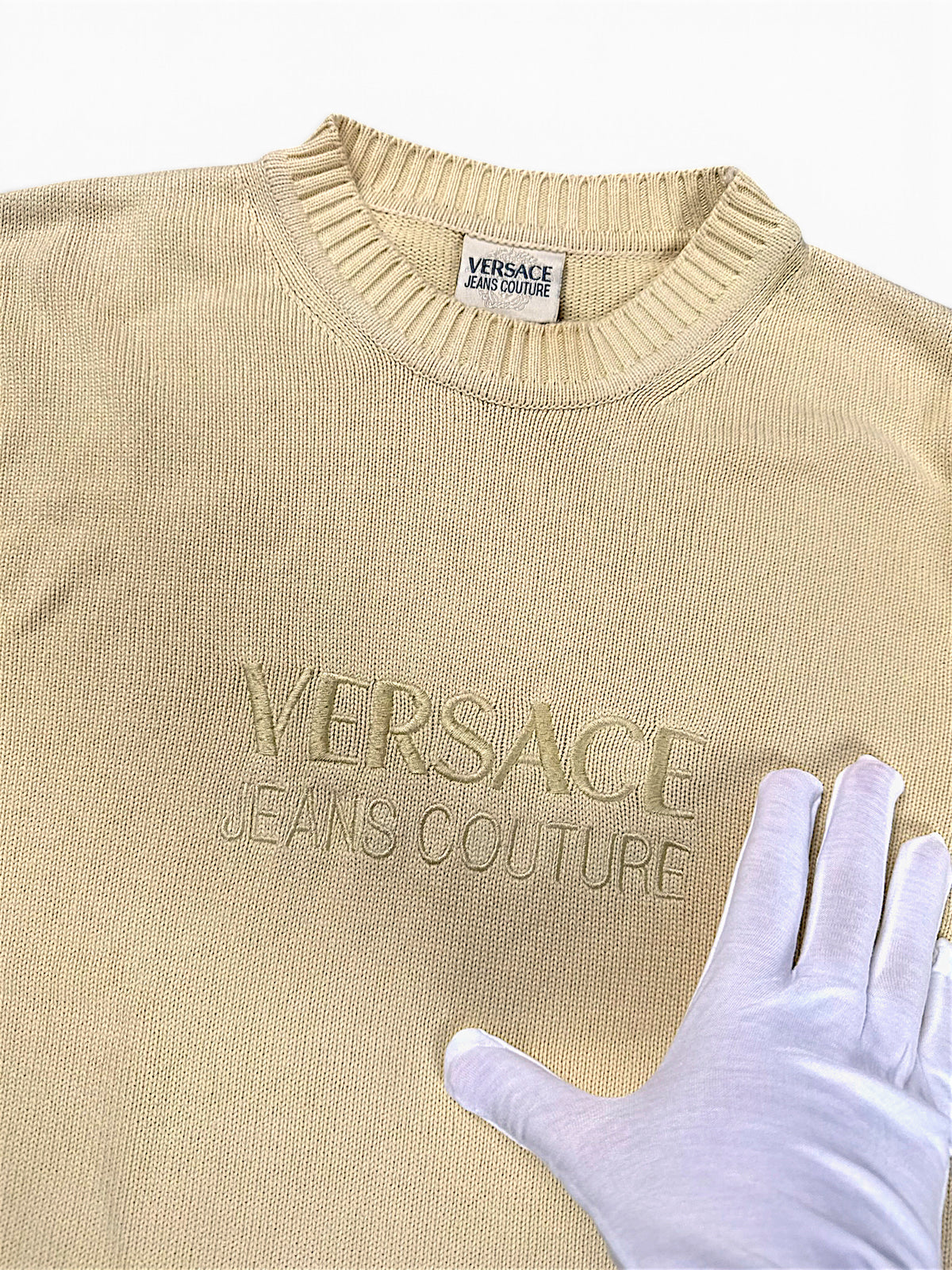 Vintage Versace Jeans Couture „Designer“ Strickpullover (L) – Detailaufnahme 1