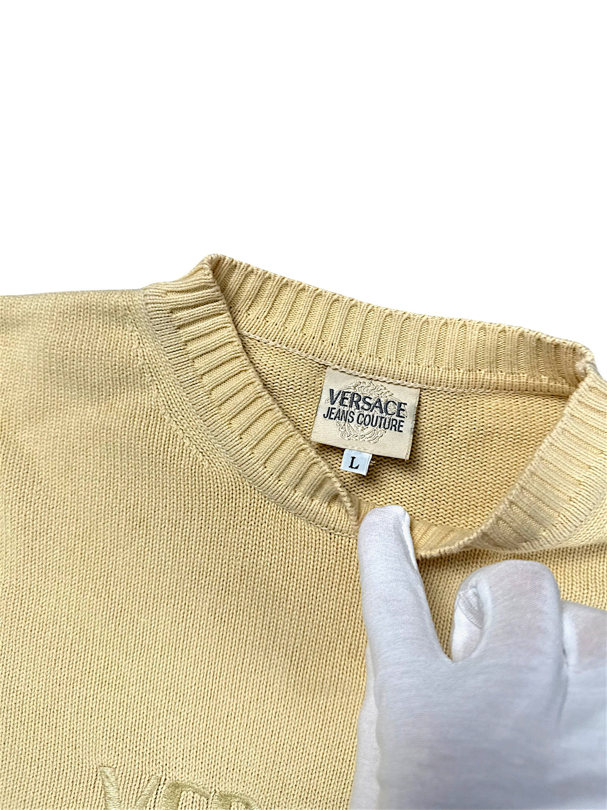 Vintage Versace Jeans Couture „Designer“ Strickpullover (L) – Detailaufnahme 2