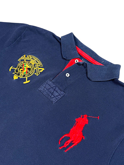 XTENDED Vintage navy blue cotton polo shirt with red embroidered Ralph Lauren polo player and crest.