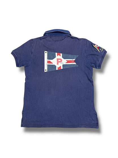 XTENDED Vintage Ralph Lauren navy blue cotton polo shirt with a large nautical flag graphic on the back.