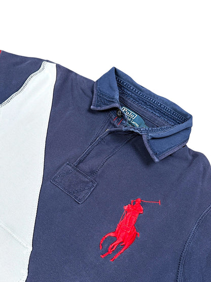 XTENDED Ralph Lauren navy blue polo shirt with red embroidered pony logo and white panel detail.