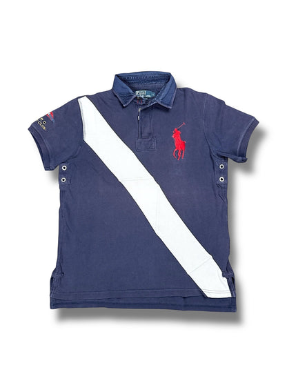 XTENDED Vintage Ralph Lauren navy blue cotton polo shirt with red embroidered logo and white diagonal stripe detail.