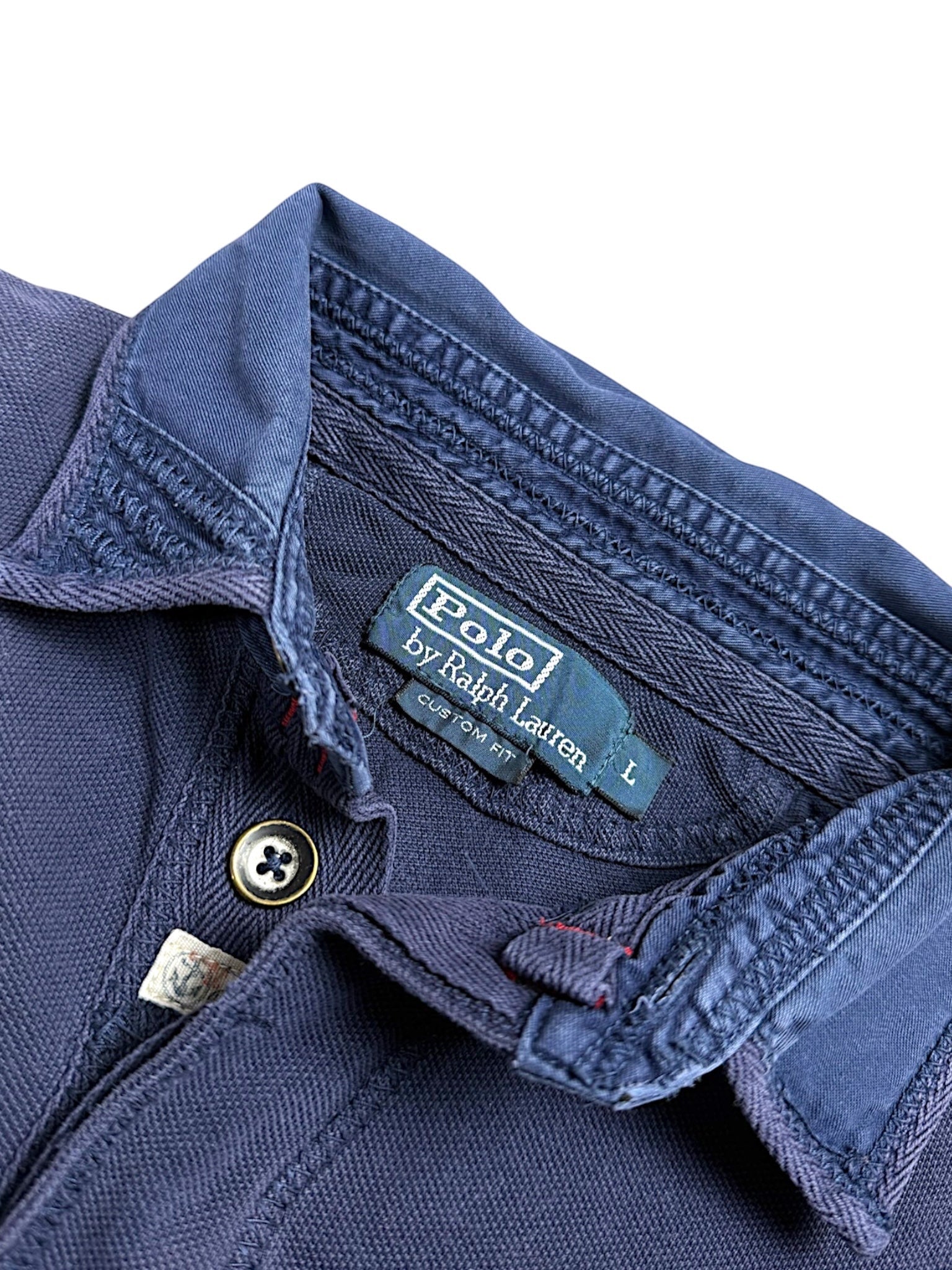 XTENDED Vintage Ralph Lauren navy blue cotton polo shirt, size L, with custom fit and button closure.
