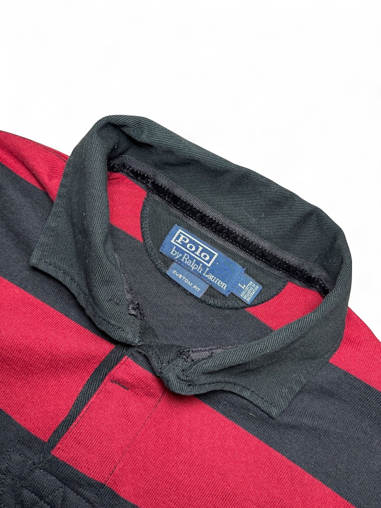 XTENDED Vintage Ralph Lauren long sleeve polo shirt in red and black stripes, size L, 100% cotton.