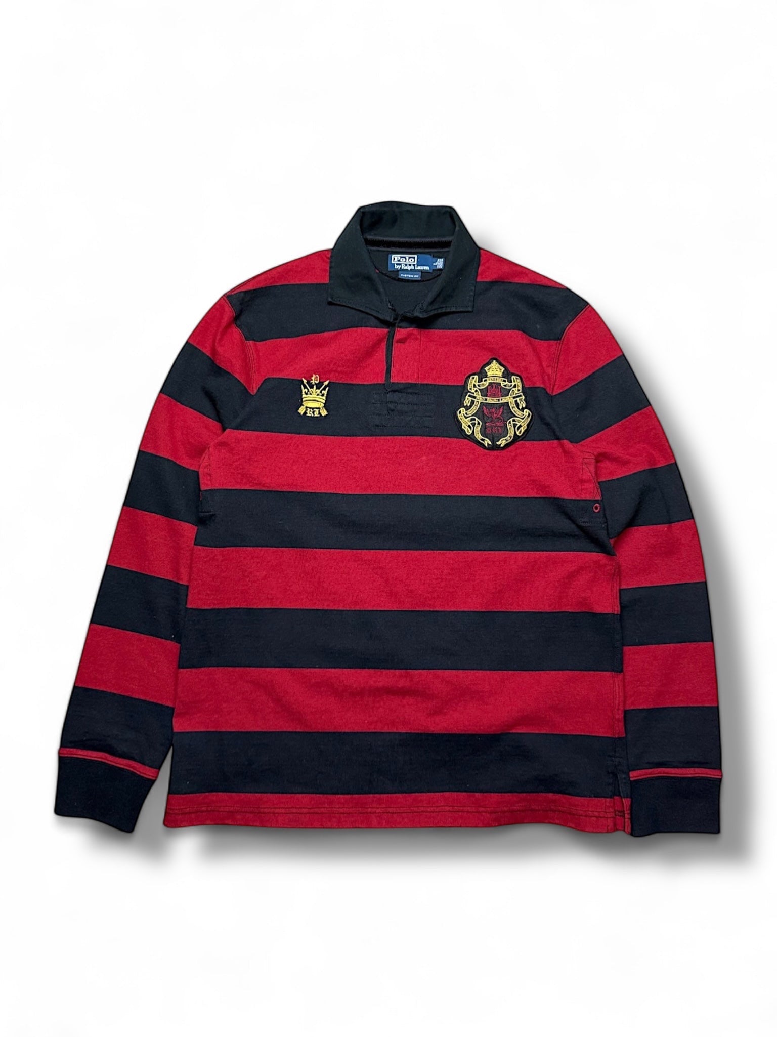 XTENDED Vintage Ralph Lauren red and black striped long sleeve polo shirt with crest logo.