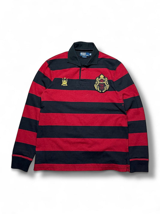 XTENDED Vintage Ralph Lauren red and black striped long sleeve polo shirt with crest logo.