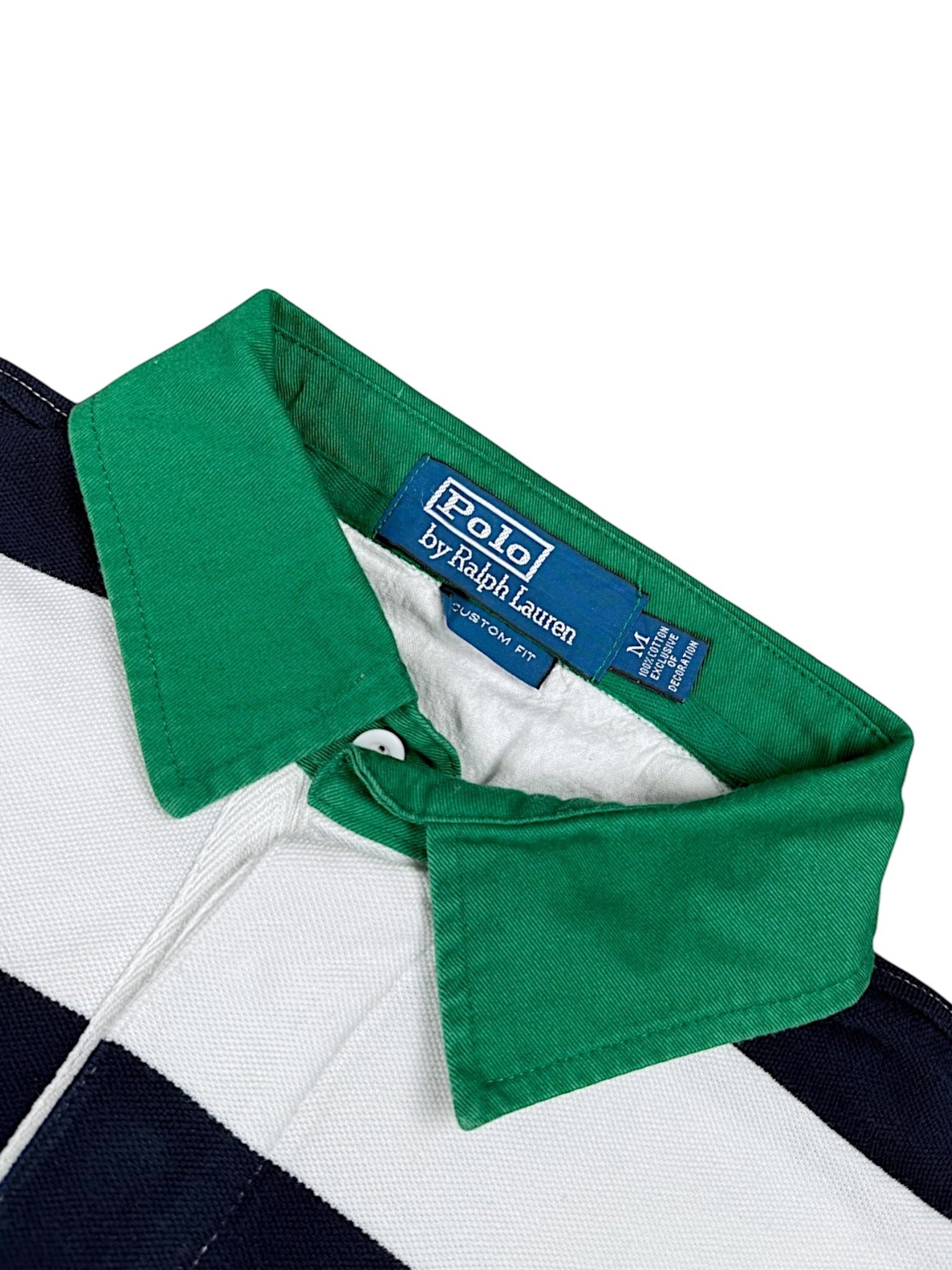 XTENDED Vintage Ralph Lauren Polo shirt with navy, white, and green stripes. 100% cotton custom fit.