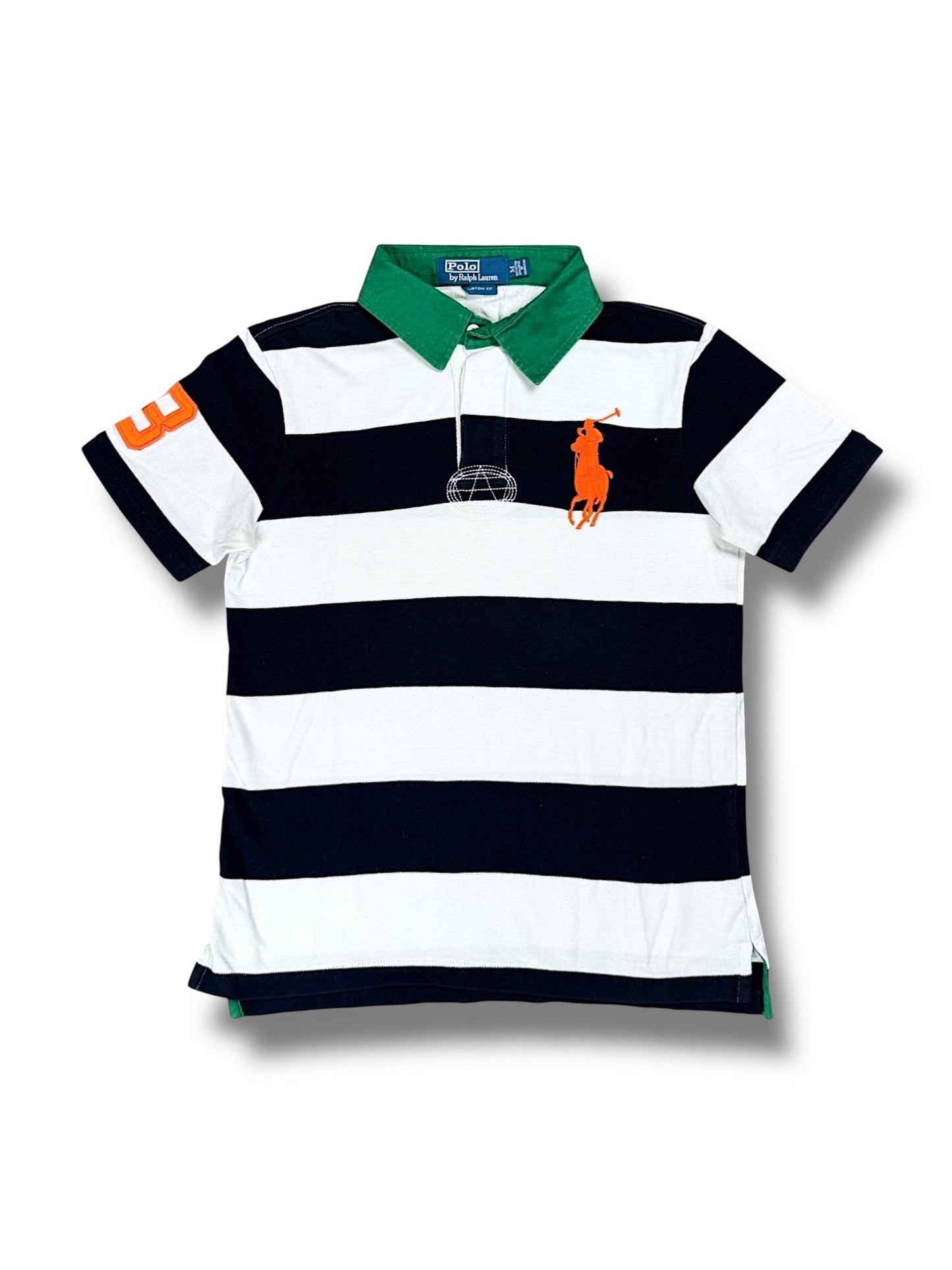XTENDED vintage Ralph Lauren polo shirt with navy and white stripes, green collar, and orange polo player logo.