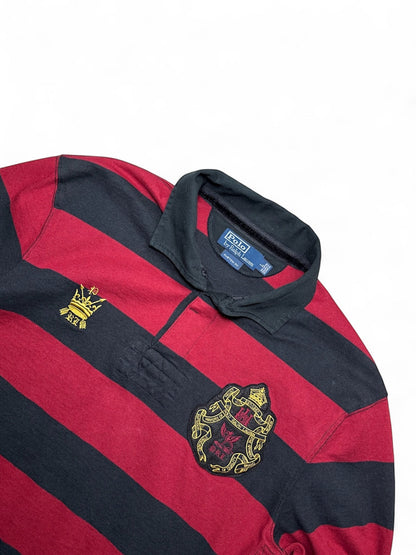 XTENDED Vintage Polo Ralph Lauren red and black striped long sleeve rugby shirt with embroidered crests.