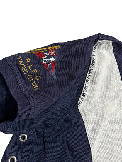 XTENDED Vintage Ralph Lauren navy blue polo shirt with R.L.P.C. Yacht Club embroidery and grey paneling.