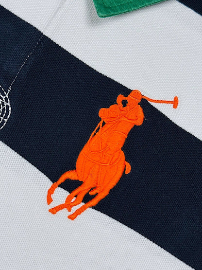 XTENDED vintage Ralph Lauren polo shirt with navy, white, and green stripes and an orange embroidered polo player logo.