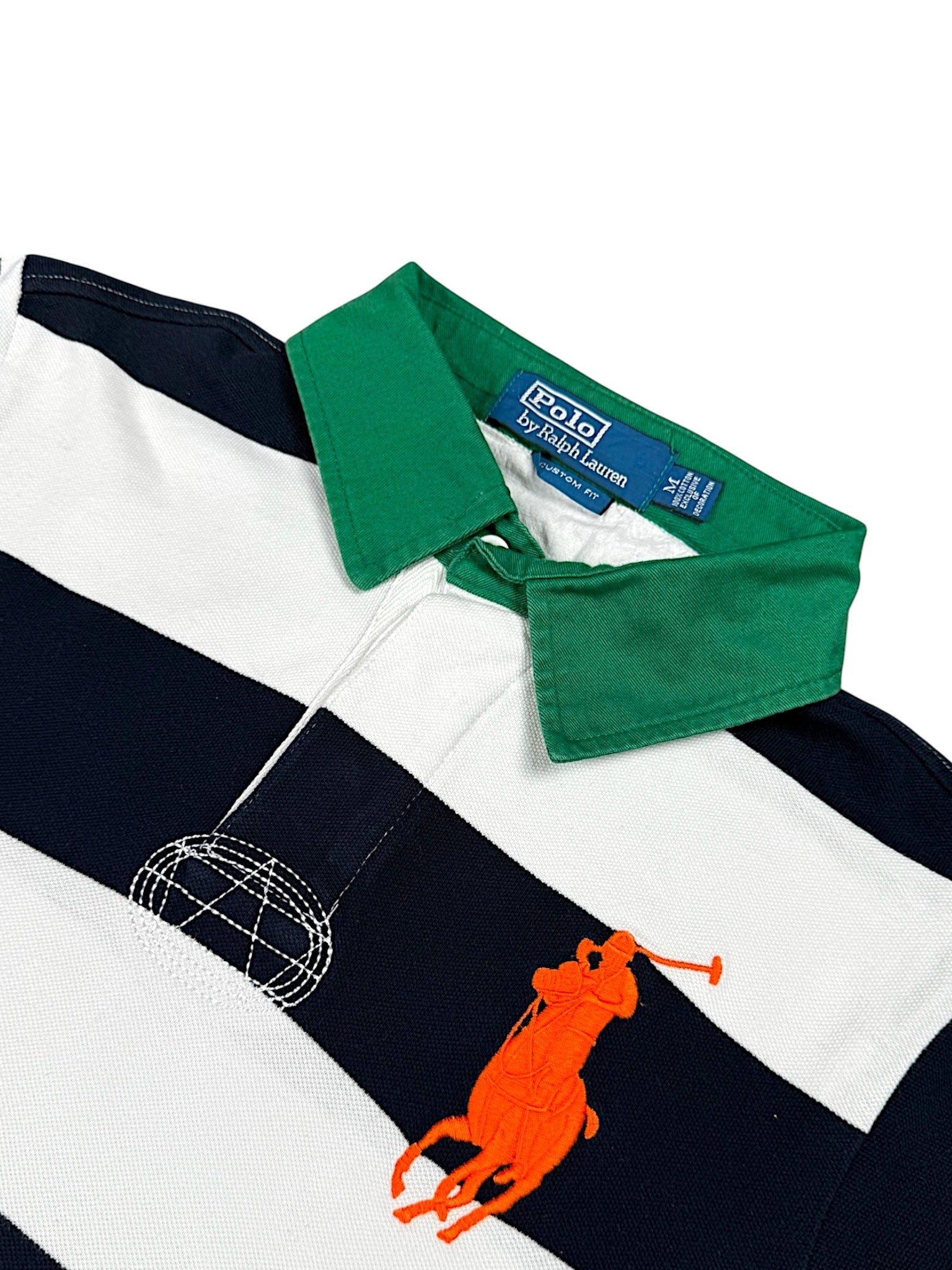 XTENDED Vintage Ralph Lauren Polo shirt with navy and white stripes, green collar, and orange polo player logo.