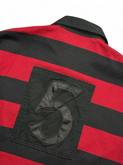 XTENDED vintage Ralph Lauren long sleeve polo shirt with red and black stripes and a black patch with a large number 5.