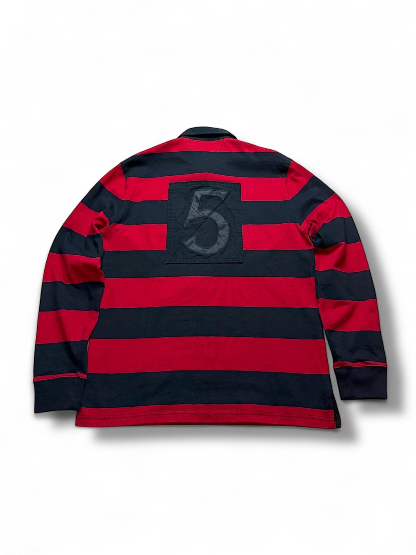 XTENDED Vintage Ralph Lauren long sleeve polo shirt with red and black stripes and a black '5' applique on the back.