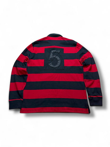 XTENDED Vintage Ralph Lauren long sleeve polo shirt with red and black stripes and a black '5' applique on the back.